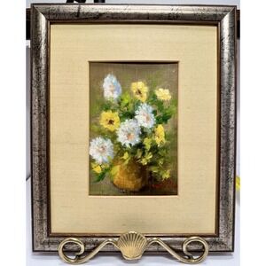 VTG Floral Oil Painting Canvas Framed Signed 70s Yellow White Flowers 9x11" Boho